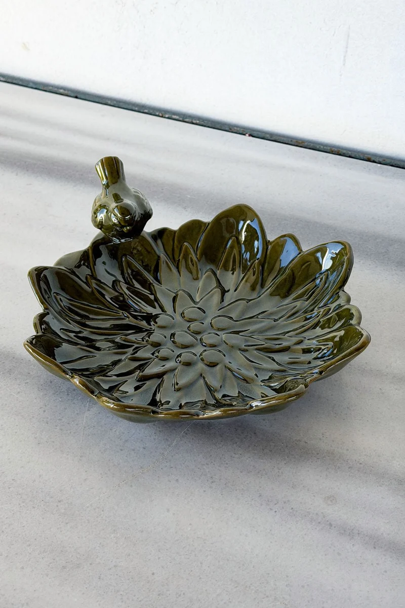 Cuenco Decorativo Verde Flor Con Pájaro Verde