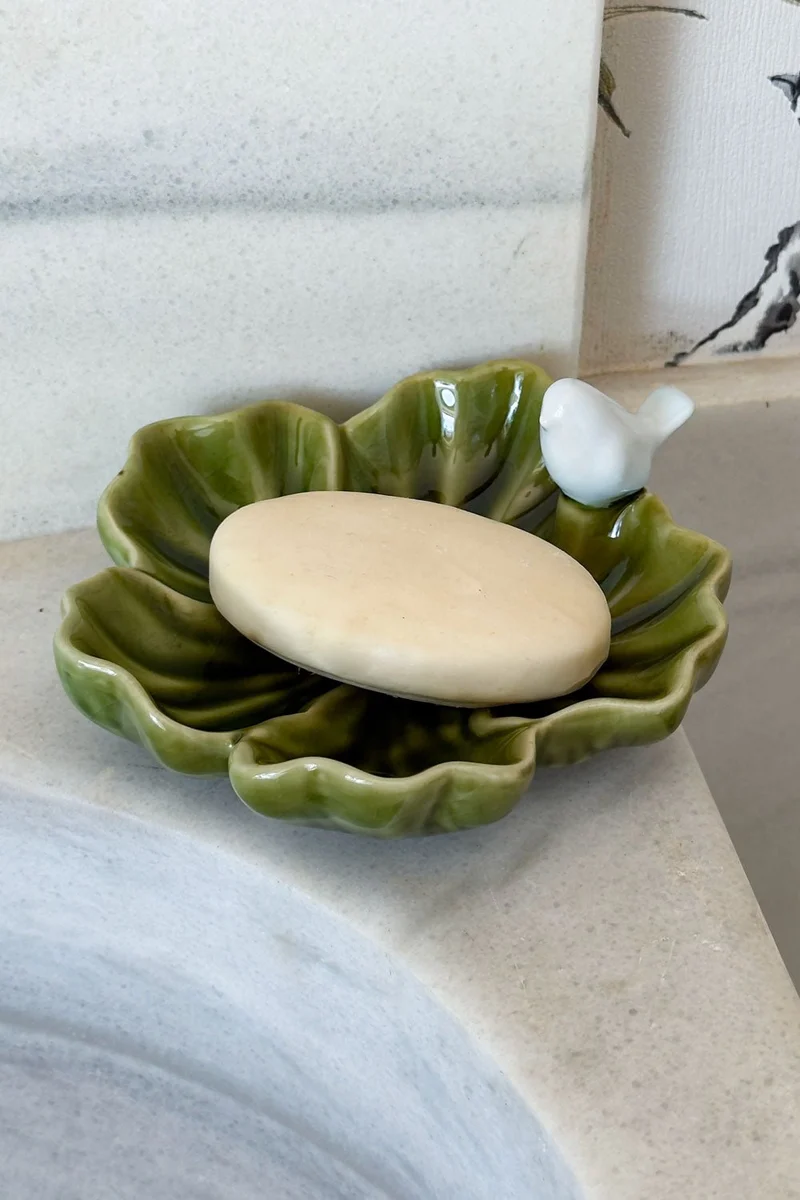 Cuenco Decorativo Verde Flor Irregular Con Pájaro Blanco