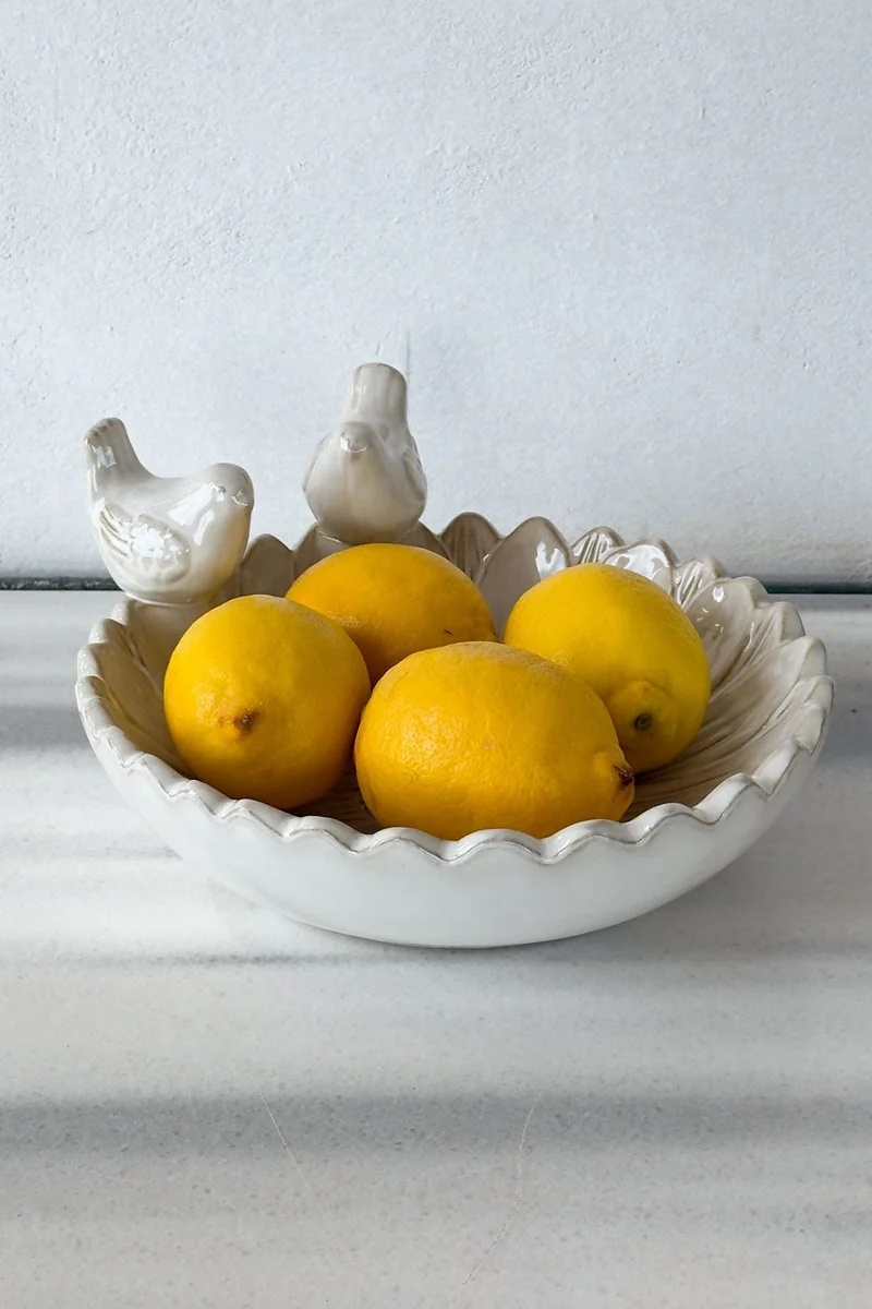 Cuenco Decorativo Blanco Flor Con Pájaros