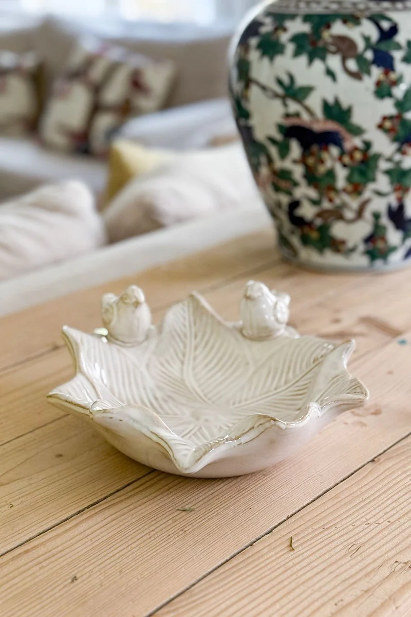 Cuenco Decorativo Blanco Flor Irregular Con Pájaros