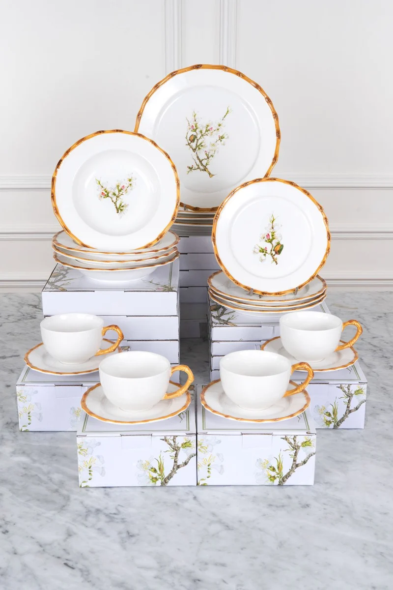 Vajilla Básica & Tazas Diseño Bambú & Flor Almendro 4 Personas