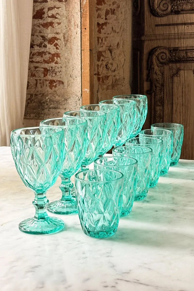 Set 12 Piezas Cristalería Azul Turquesa Diseño Rombos