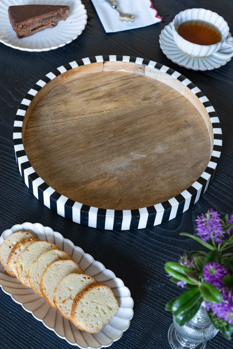 Bandeja De Resina Y Madera Redonda Con Diseño De Rayas Blancas Y Negras