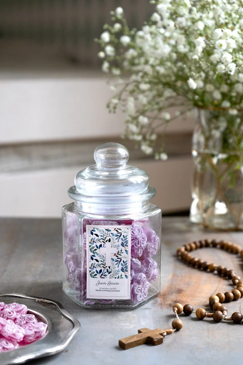Tarro Hexagonal Violetas Personalizado Especial Comuniones