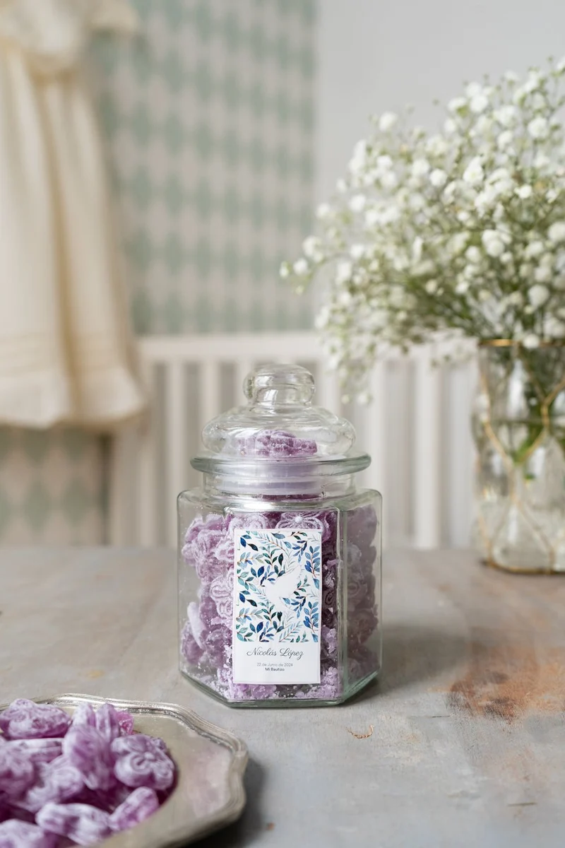 Tarro Hexagonal de Violetas Personalizado Especial Bautizo