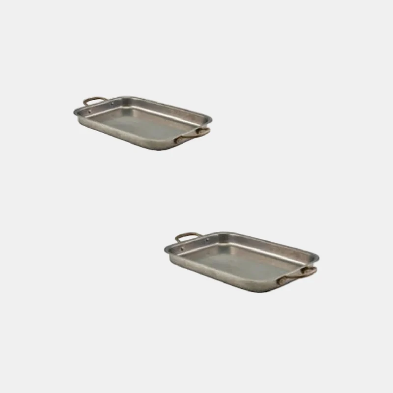 Bandeja de acero inox vintage con asas latón. 33 x 23.5 cm - 3 Uds.