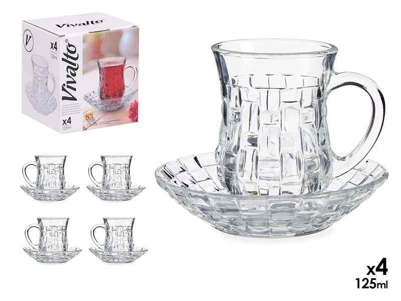 SET 4 TAZAS VIDRIO CON PLATO TEXTURA MIMBRE 125ML