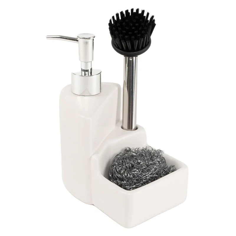DISPENSADOR JABON CON ESTROPAJO Y CEPILLO BLANCO