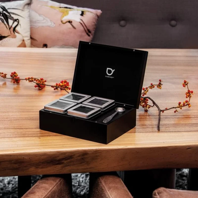 Caja de té de bambú con 4 recipientes y cuchara medidora Bredemeijer