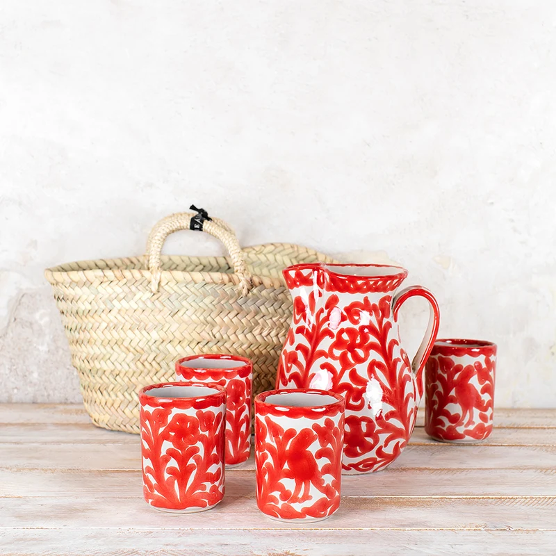 Kit Jarra y 4 Vasos Rojos + Cesta Cerámica Tradicional Granadina