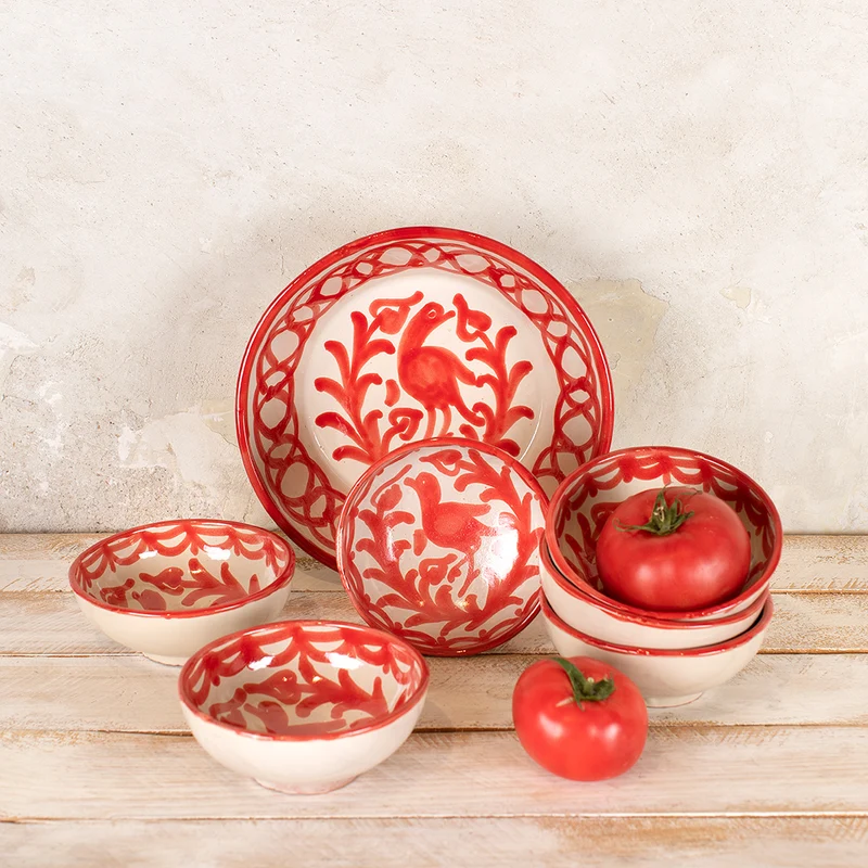 Kit Gazpacho Cerámica Tradicional Granadina Pájaro Repintado Rojo 6 bols