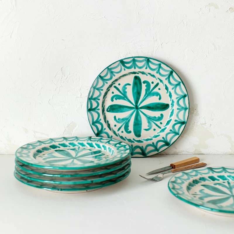 Kit 6 Platos Llanos Verdes Cerámica Tradicional Granadina
