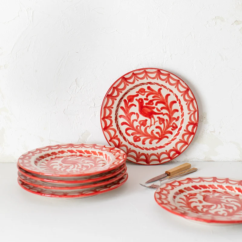 Kit 6 Platos Llanos Rojos Cerámica Tradicional Granadina