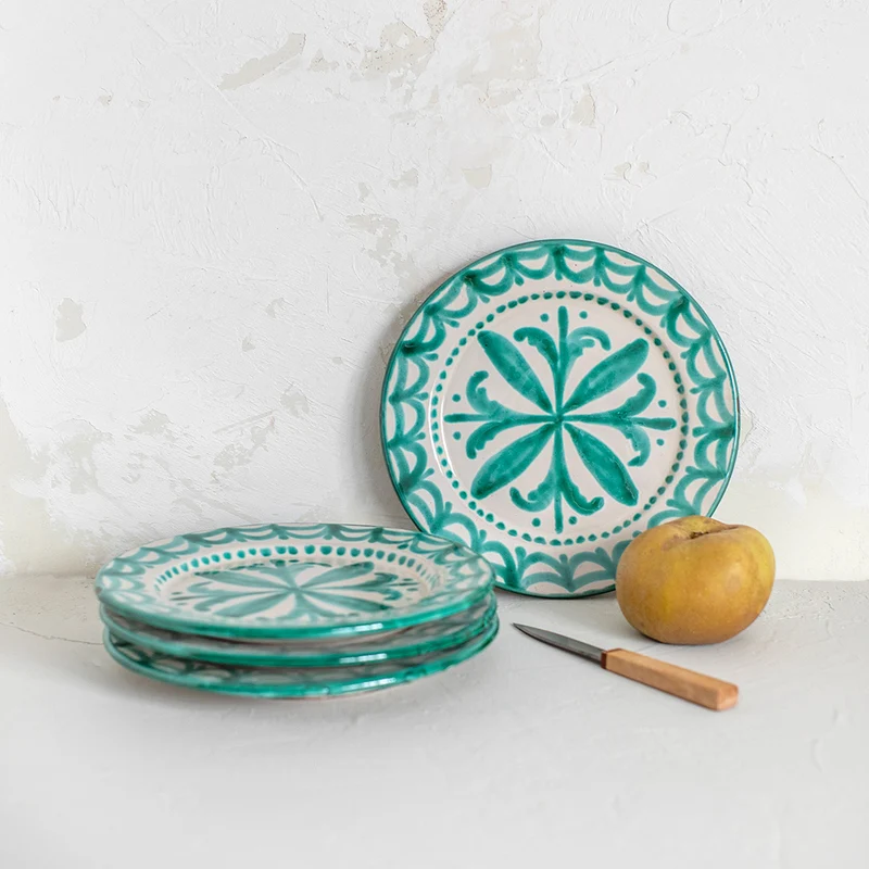 Kit 4 Platos Postre Verdes Cerámica Tradicional Granadina