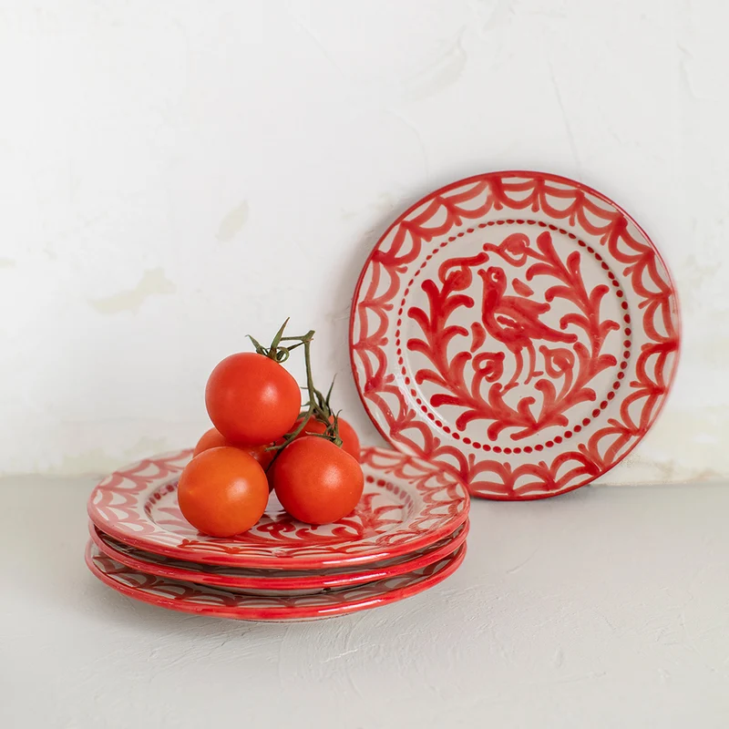 Kit 4 Platos Postre Rojos Cerámica Tradicional Granadina