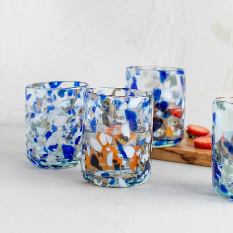 Kit 4 Vasos Vidrio Reciclado Terrazo Azul