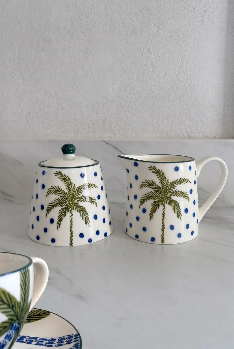 Set Azucarero & Lechera De Porcelana Diseño Palmeras