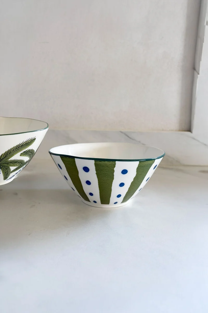 Cuenco De Porcelana Diseño Tropical Rayas Verdes