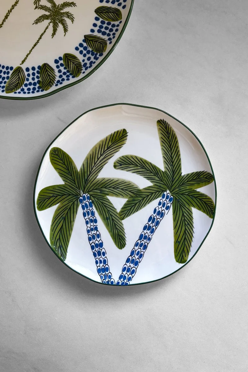 Plato De Postre En Porcelana Diseño Palmeras